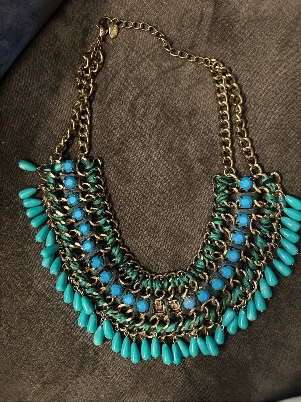 Turquoise Bib Statement Necklace with Antique Gold Chain